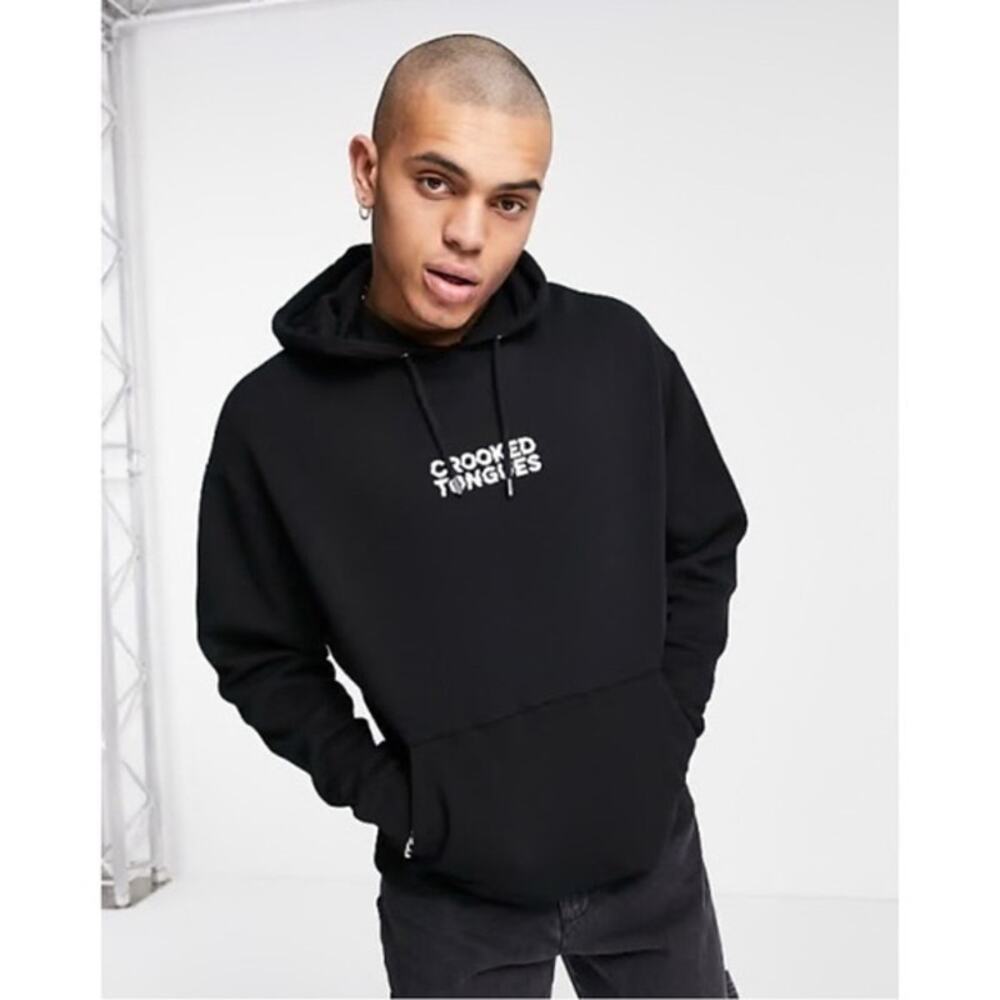 NWOT Crooked Tongues Hoodie Sweatshirt M Black Graphic-Logo Pocket Long-Sleeve